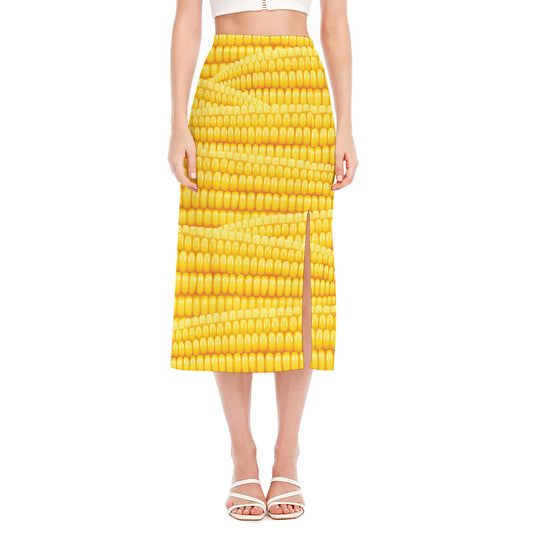 Corn Pattern Print Side Slit Midi Skirt