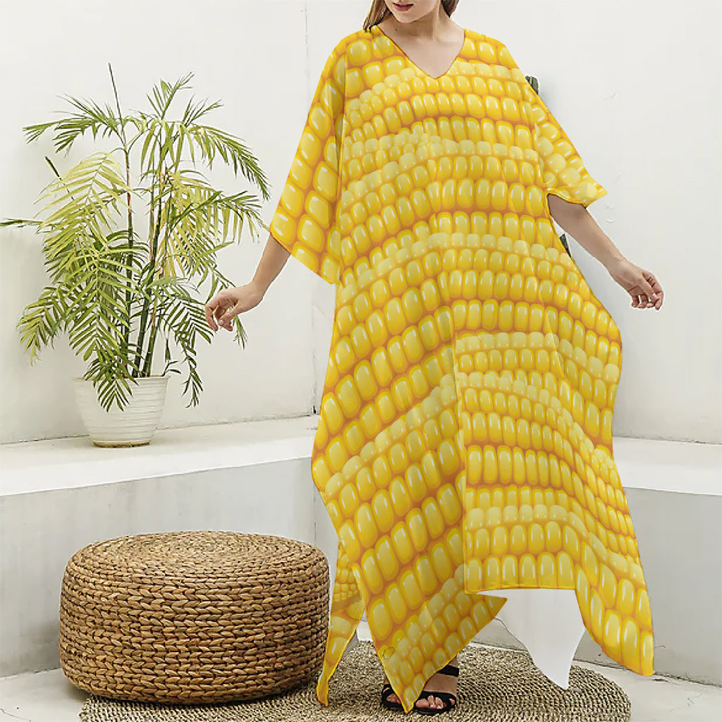 Corn Pattern Print Silk V-Neck Kaftan Dress