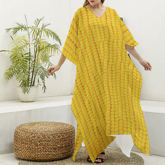 Corn Print Silk V-Neck Kaftan Dress
