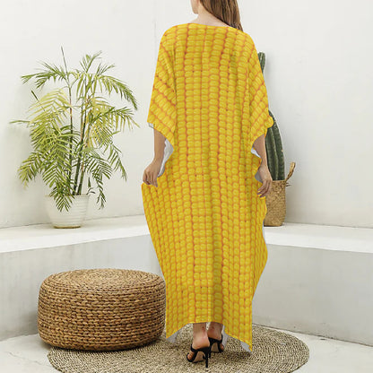 Corn Print Silk V-Neck Kaftan Dress