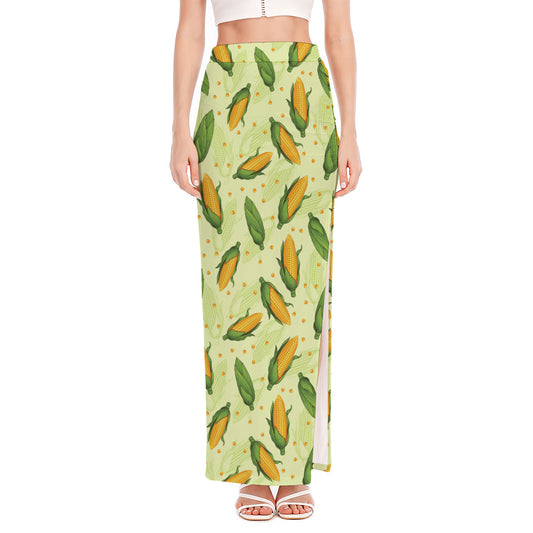 Corncob Pattern Print High Slit Maxi Skirt