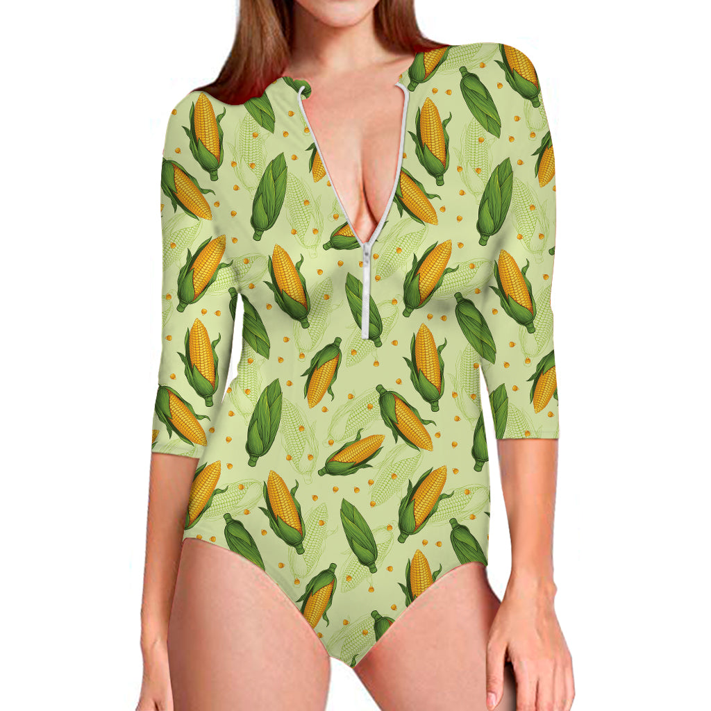 Corncob Pattern Print Long Sleeve Swimsuit