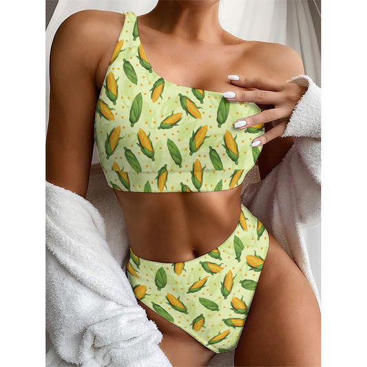 Corncob Pattern Print One Shoulder Bikini Top