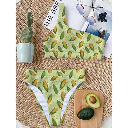 Corncob Pattern Print One Shoulder Bikini Top