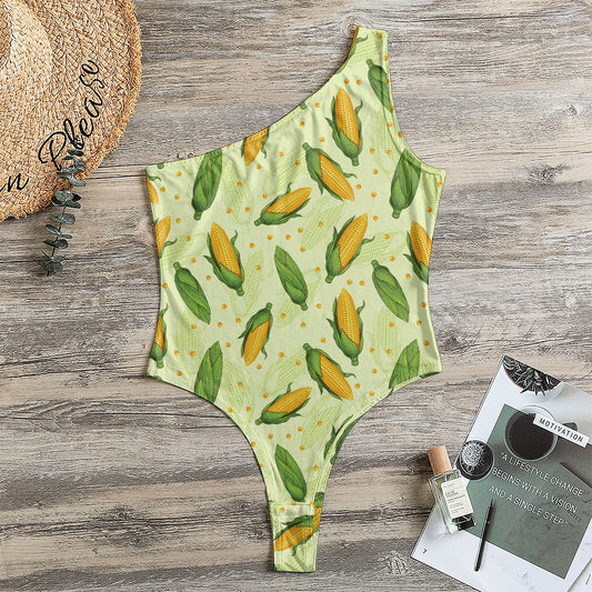 Corncob Pattern Print One Shoulder Bodysuit