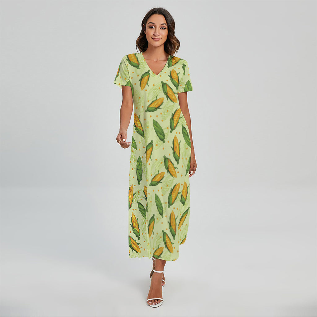 Corncob Pattern Print Short Sleeve Maxi Dress