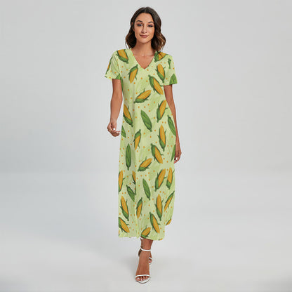 Corncob Pattern Print Short Sleeve Maxi Dress