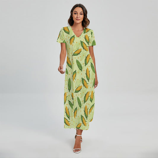 Corncob Pattern Print Short Sleeve Maxi Dress