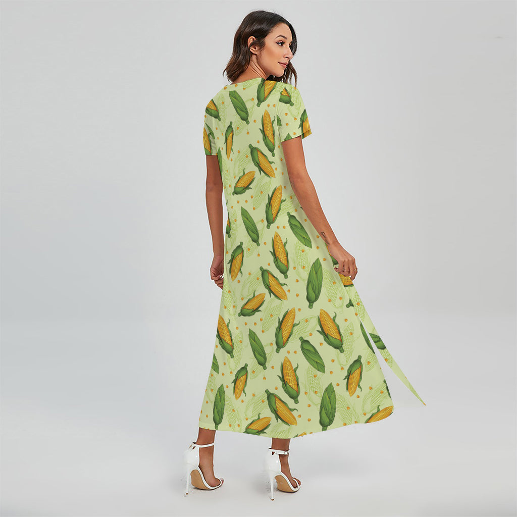 Corncob Pattern Print Short Sleeve Maxi Dress