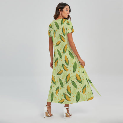 Corncob Pattern Print Short Sleeve Maxi Dress