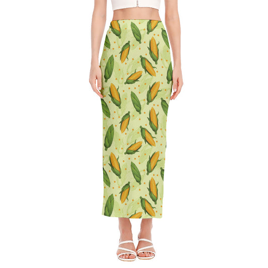 Corncob Pattern Print Side Slit Maxi Skirt