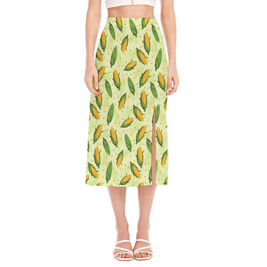 Corncob Pattern Print Side Slit Midi Skirt