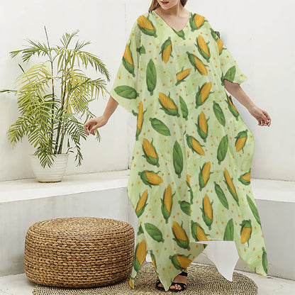 Corncob Pattern Print Silk V-Neck Kaftan Dress