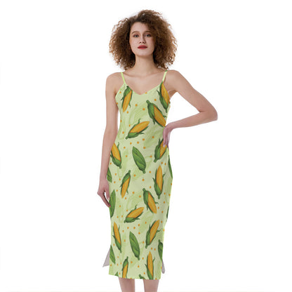 Corncob Pattern Print Slim Fit Midi Cami Dress