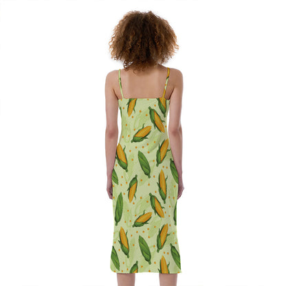 Corncob Pattern Print Slim Fit Midi Cami Dress