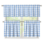 Cornflower Blue And White Gingham Print 3 Piece Kitchen Curtains