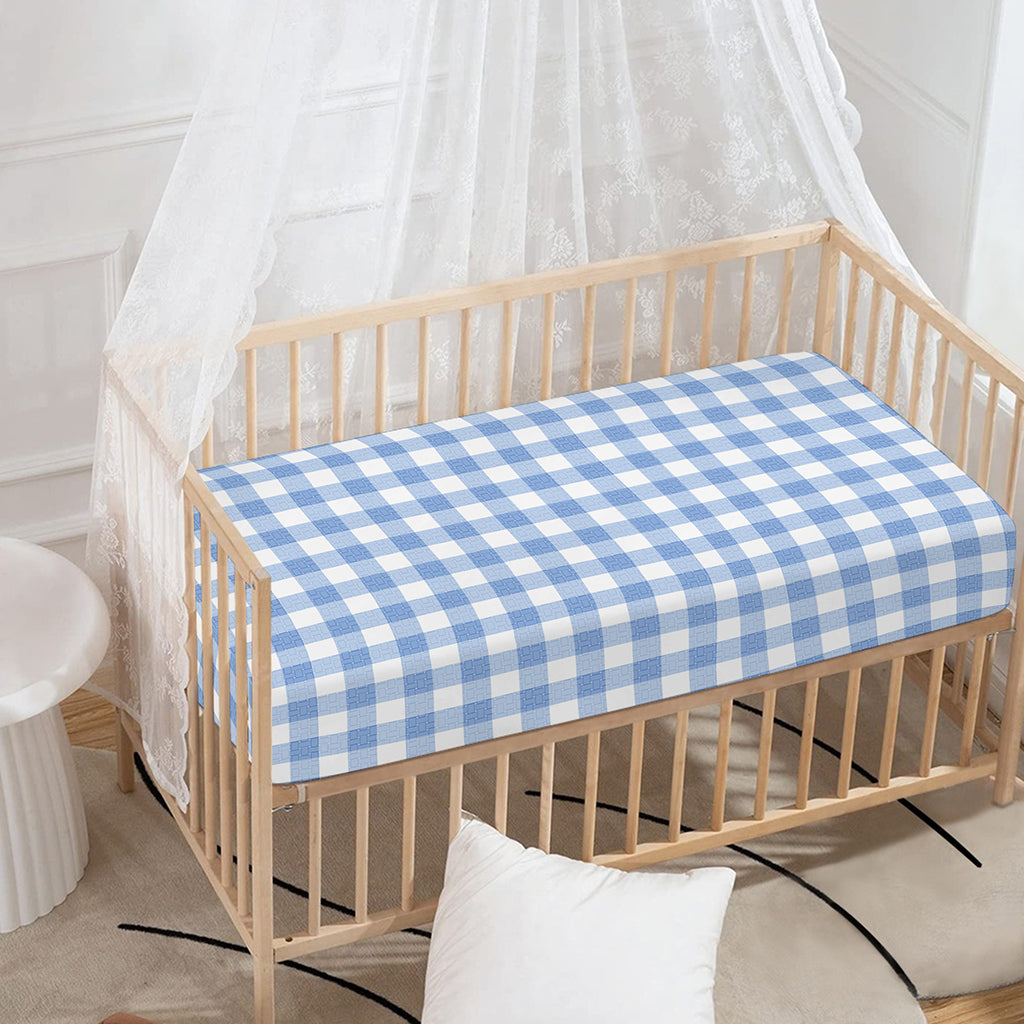 Cornflower Blue And White Gingham Print Baby Crib Sheet