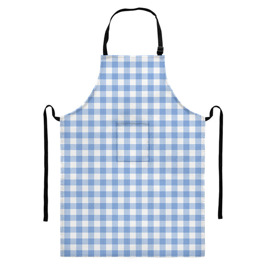 Cornflower Blue And White Gingham Print Bib Apron With Pocket