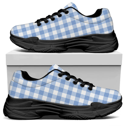 Cornflower Blue And White Gingham Print Black Chunky Shoes
