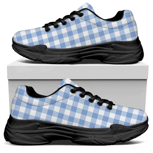 Cornflower Blue And White Gingham Print Black Chunky Shoes
