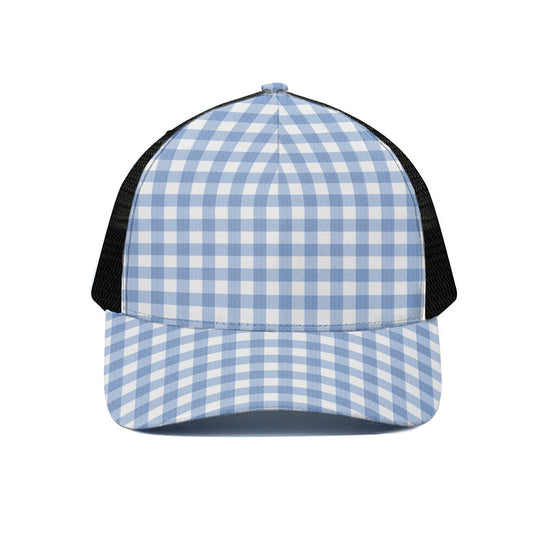 Cornflower Blue And White Gingham Print Black Mesh Trucker Cap