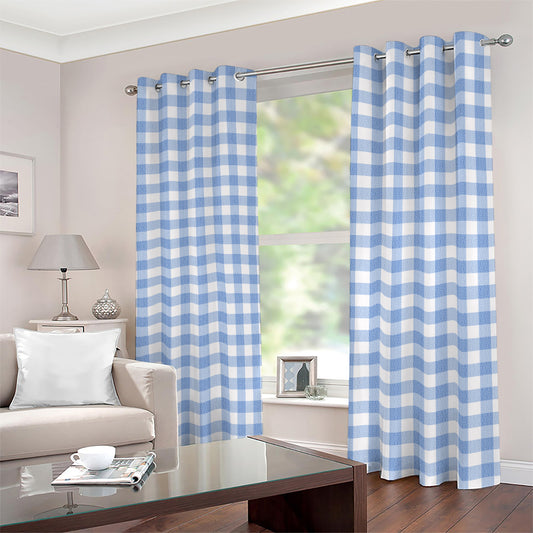 Cornflower Blue And White Gingham Print Blackout Grommet Curtains