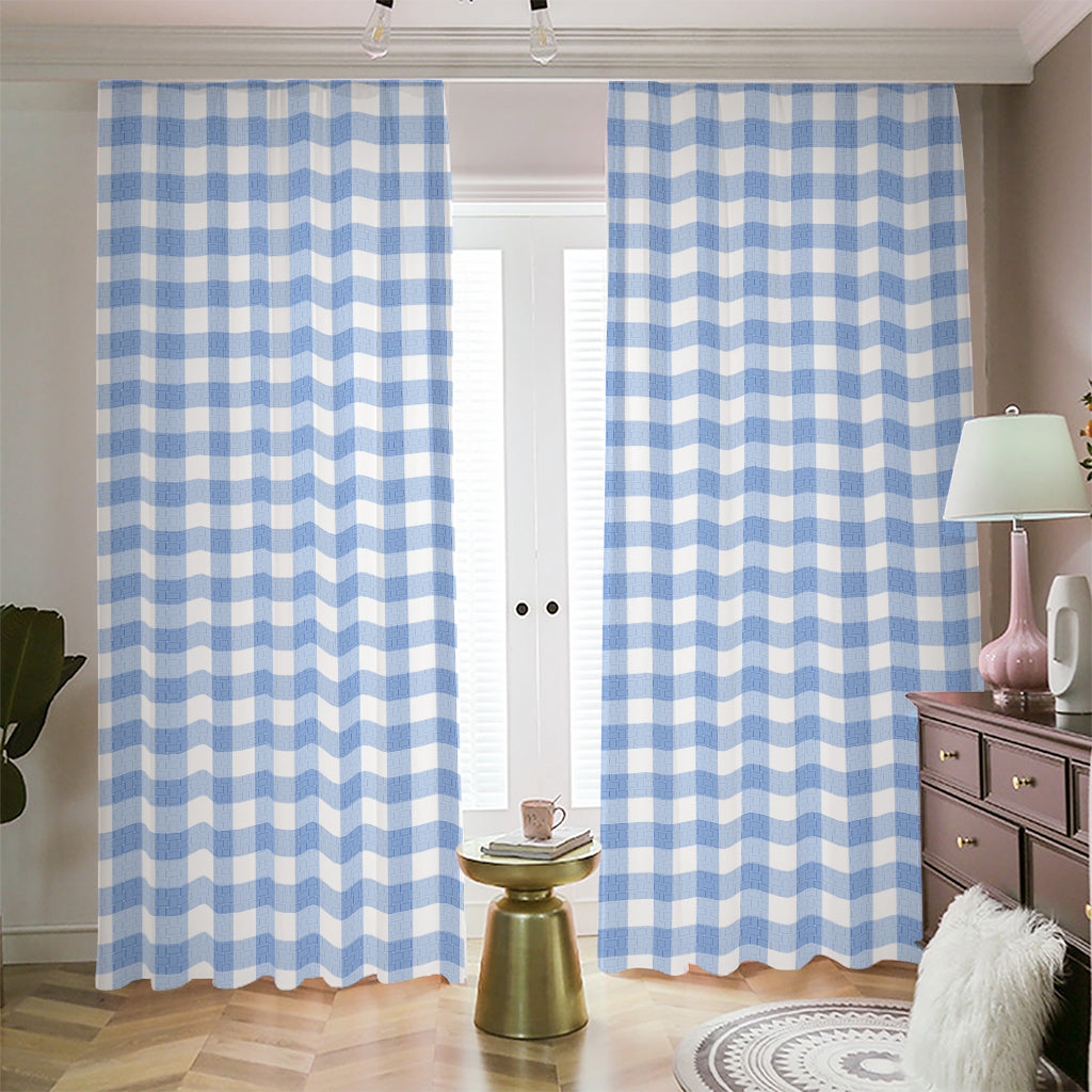 Cornflower Blue And White Gingham Print Blackout Pencil Pleat Curtains