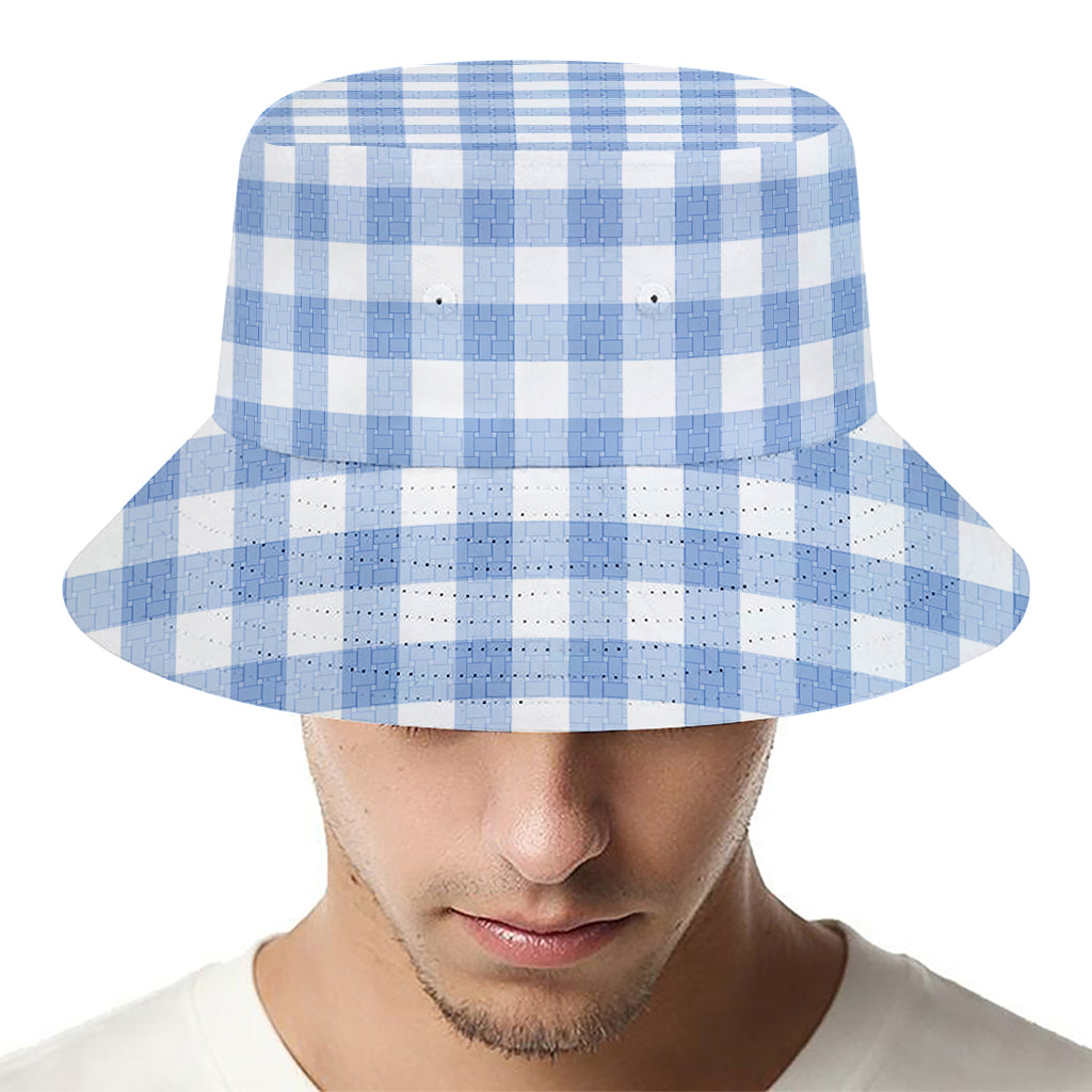 Cornflower Blue And White Gingham Print Bucket Hat