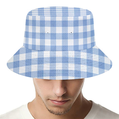 Cornflower Blue And White Gingham Print Bucket Hat