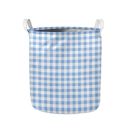 Cornflower Blue And White Gingham Print Collapsible Laundry Basket