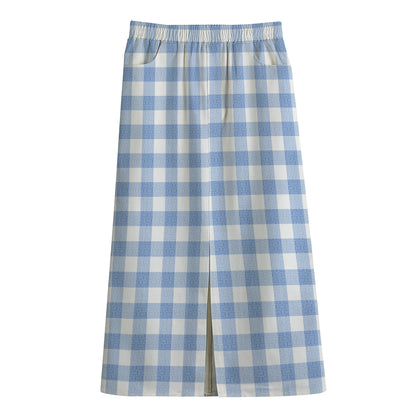 Cornflower Blue And White Gingham Print Cotton Front Slit Maxi Skirt