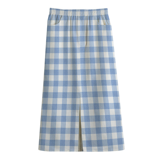 Cornflower Blue And White Gingham Print Cotton Front Slit Maxi Skirt