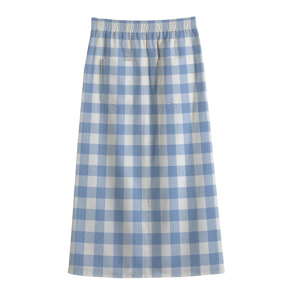 Cornflower Blue And White Gingham Print Cotton Front Slit Maxi Skirt