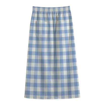 Cornflower Blue And White Gingham Print Cotton Front Slit Maxi Skirt