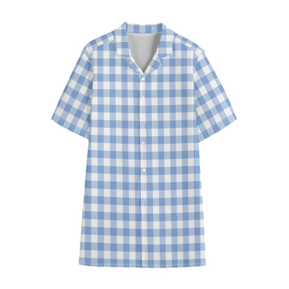 Cornflower Blue And White Gingham Print Cotton Hawaiian Shirt