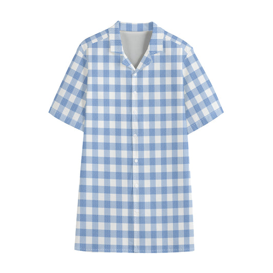 Cornflower Blue And White Gingham Print Cotton Hawaiian Shirt