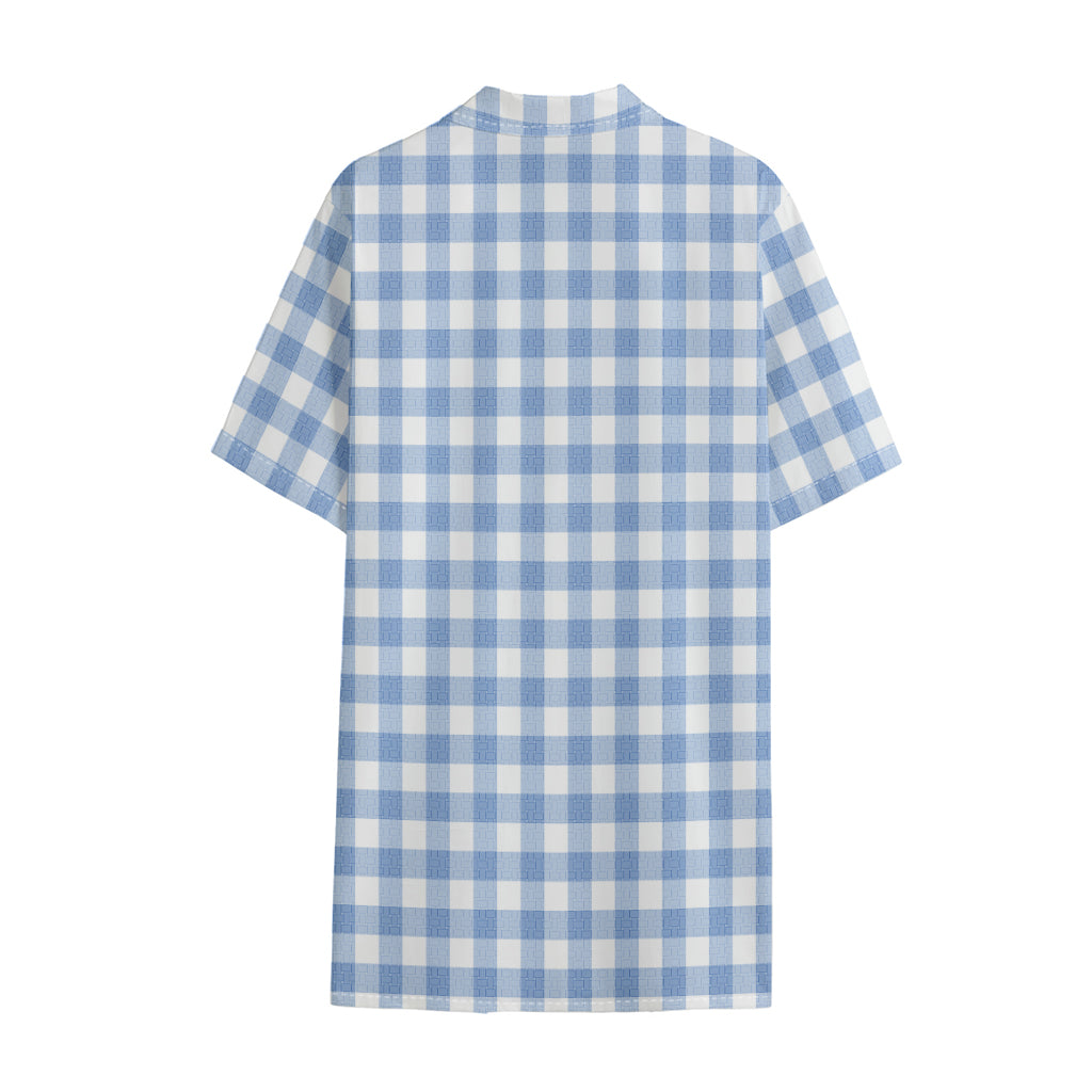 Cornflower Blue And White Gingham Print Cotton Hawaiian Shirt