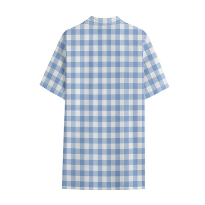 Cornflower Blue And White Gingham Print Cotton Hawaiian Shirt