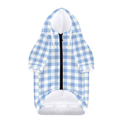 Cornflower Blue And White Gingham Print Dog Zip Up Hoodie