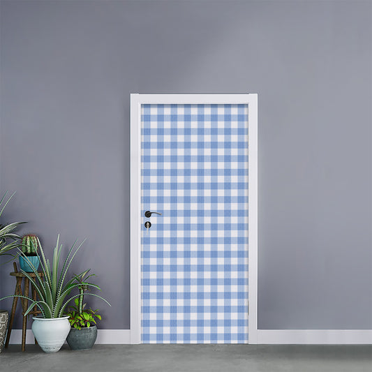 Cornflower Blue And White Gingham Print Door Sticker