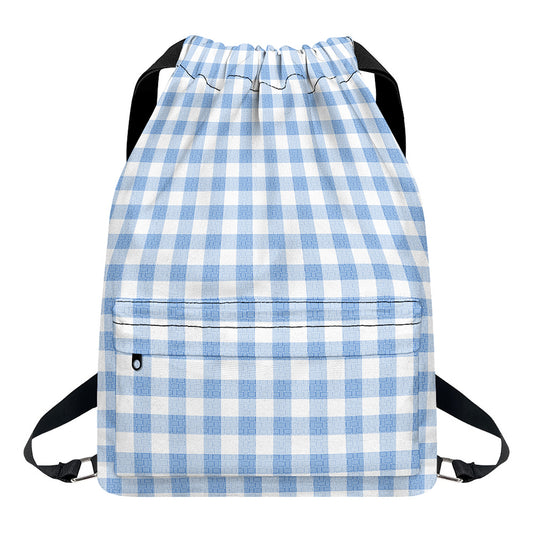 Cornflower Blue And White Gingham Print Drawstring Backpack