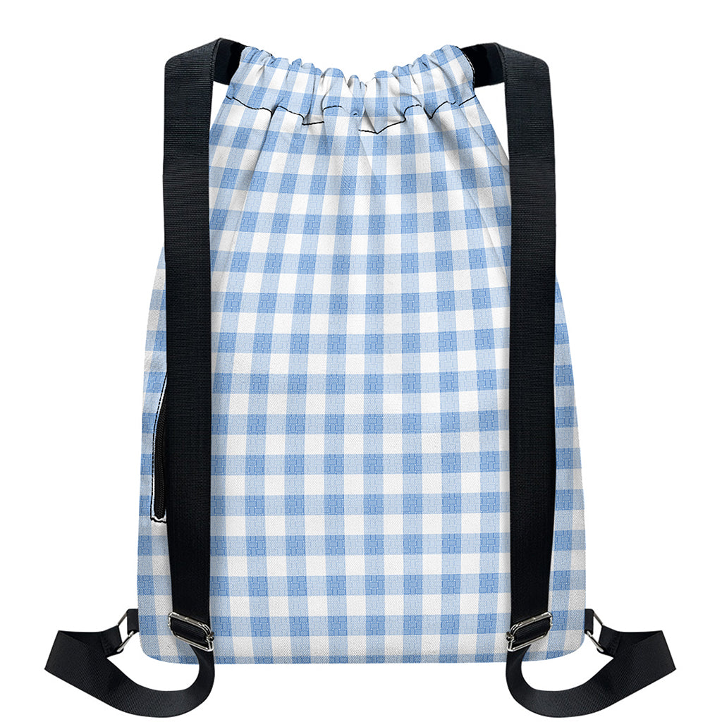 Cornflower Blue And White Gingham Print Drawstring Backpack