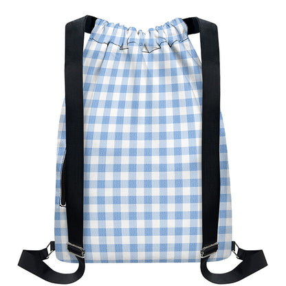Cornflower Blue And White Gingham Print Drawstring Backpack