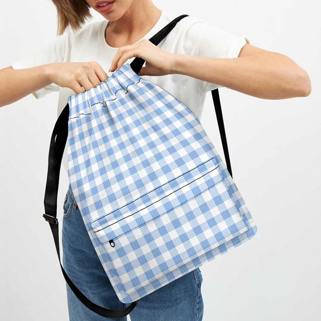 Cornflower Blue And White Gingham Print Drawstring Backpack