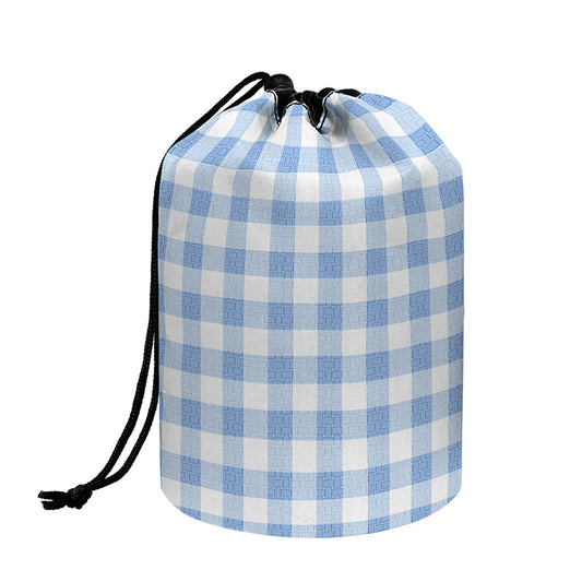 Cornflower Blue And White Gingham Print Drawstring Makeup Bag