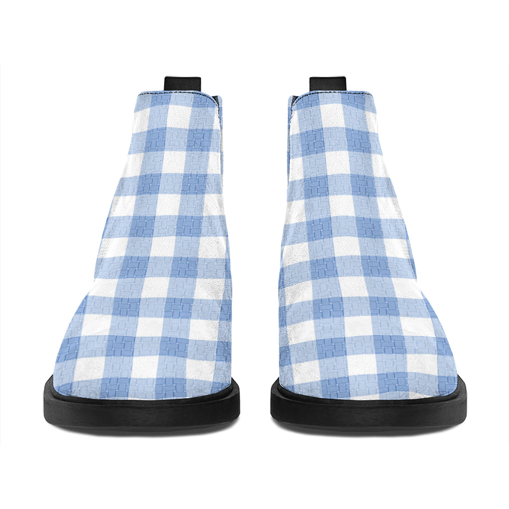 Cornflower Blue And White Gingham Print Flat Ankle Boots