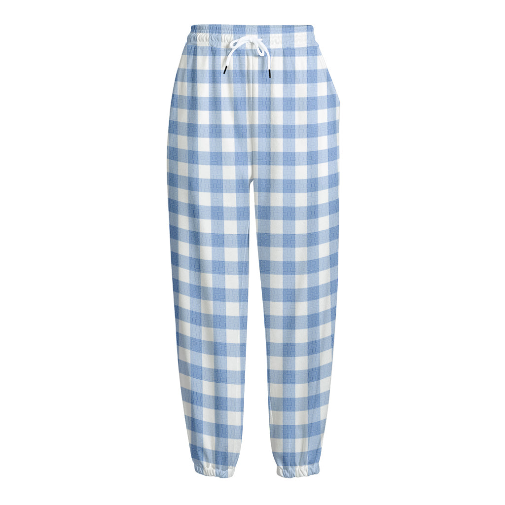 Cornflower Blue And White Gingham Print Fleece Lined Knit Pants