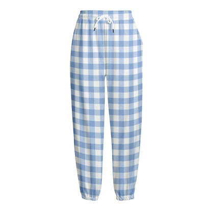 Cornflower Blue And White Gingham Print Fleece Lined Knit Pants