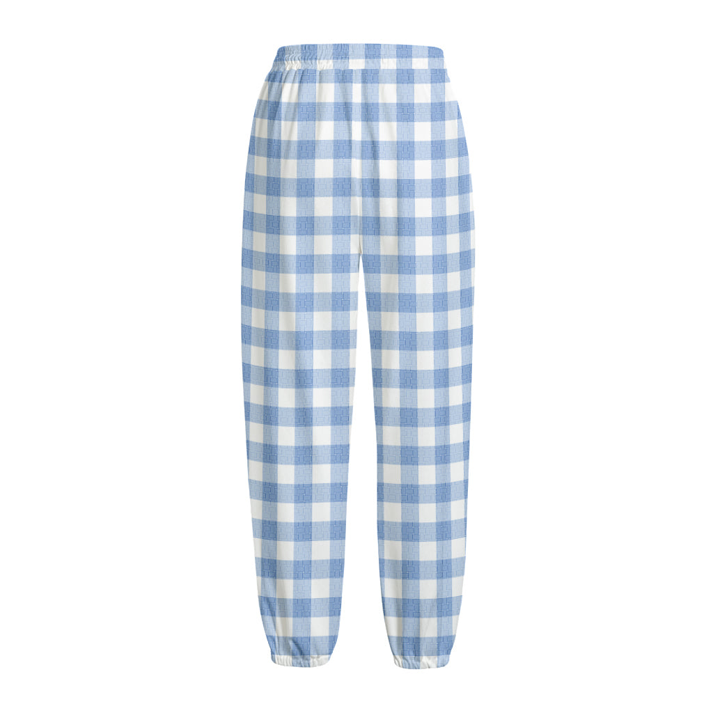 Cornflower Blue And White Gingham Print Fleece Lined Knit Pants