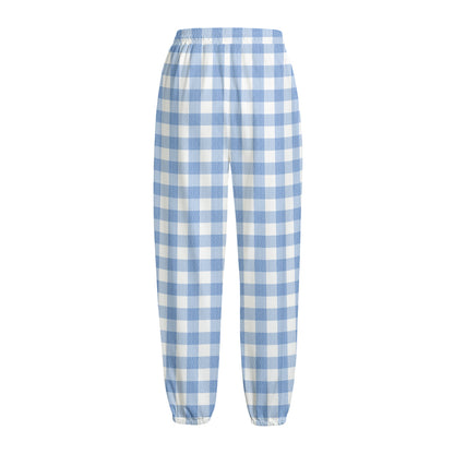 Cornflower Blue And White Gingham Print Fleece Lined Knit Pants